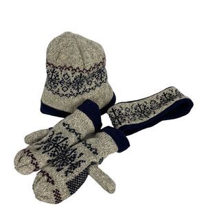 Vintage Knit Wool Winter Hat, Headband, & Mitts Set